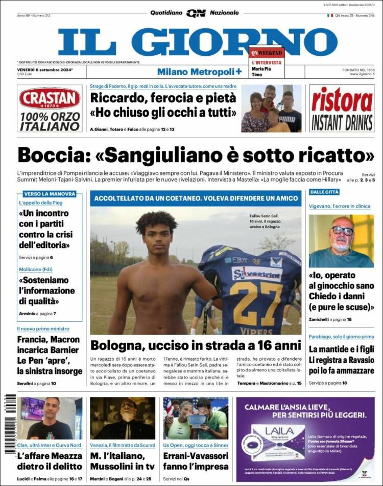 Portada de Il Giorno (Italia)