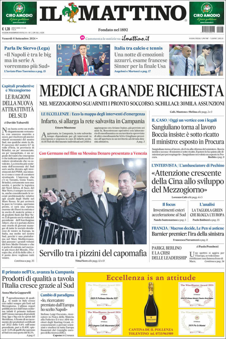 Portada de Il Mattino (Italia)