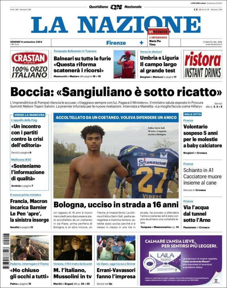 Portada de La Nazione (Italia)