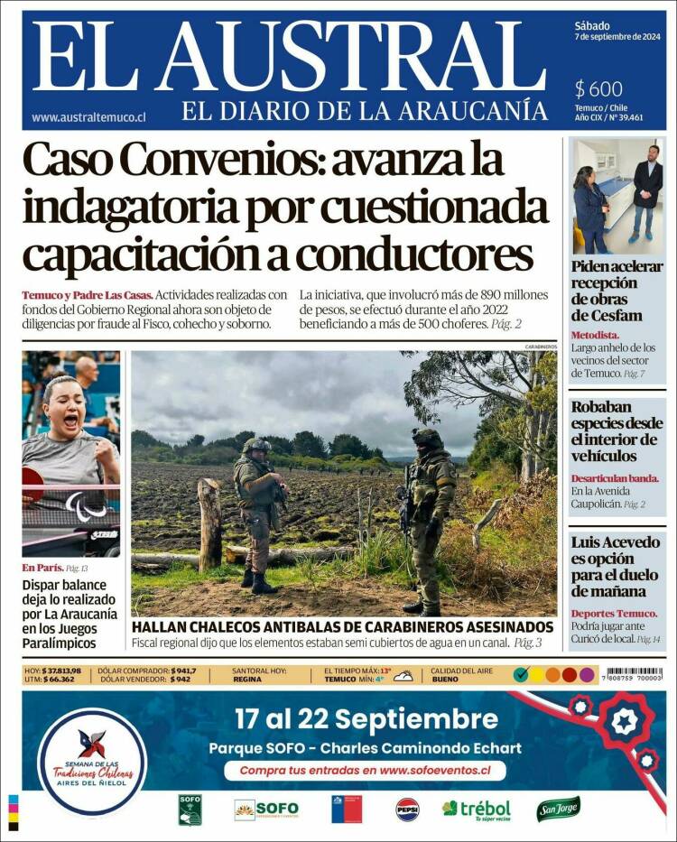 Portada de El Austral de Temuco (Chile)