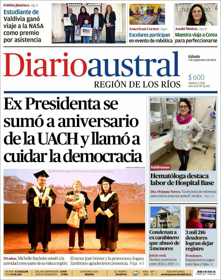 Portada de El Diario Austral de Valdivia (Chile)