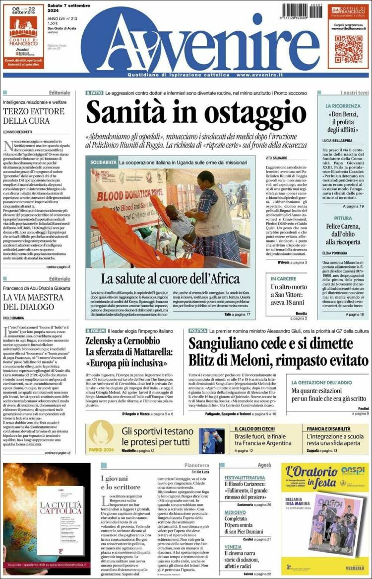 Portada de Avvenire (Italia)