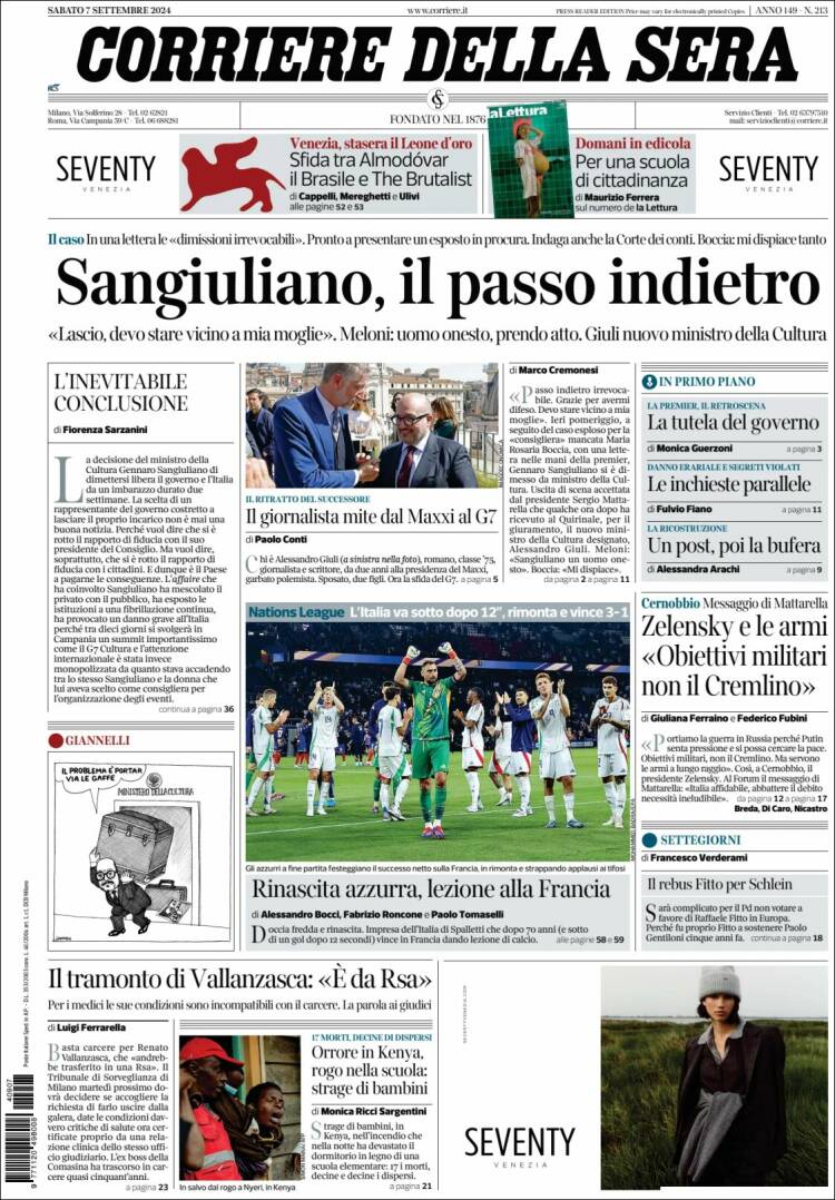 Portada de Corriere della Sera (Italia)