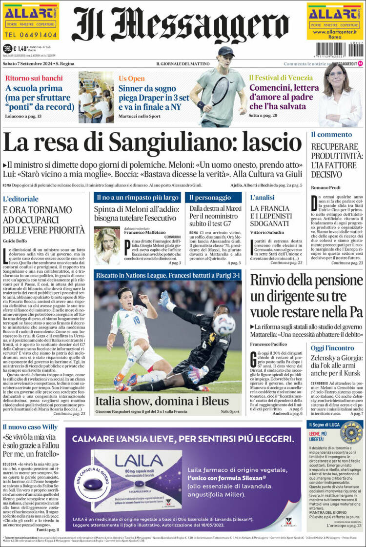 Portada de Il Messaggero (Italia)
