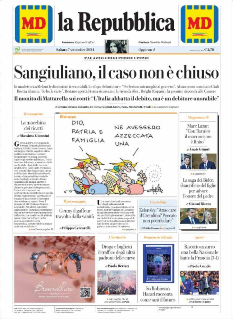 Portada de La Repubblica (Italia)