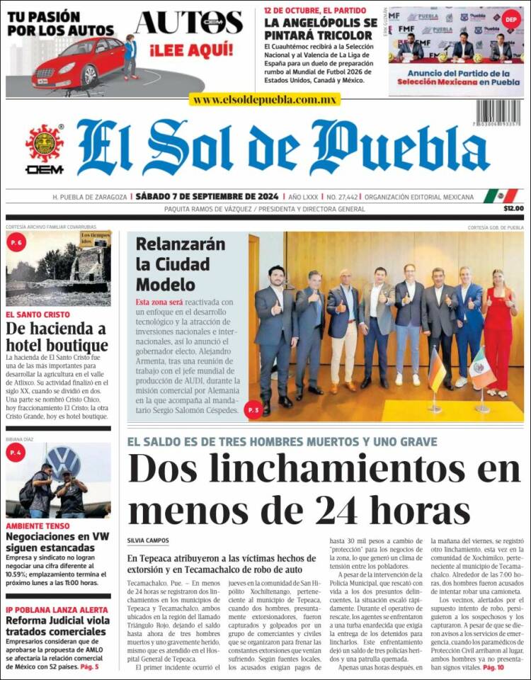 Portada de El Sol de Puebla (M&eacute;xico)