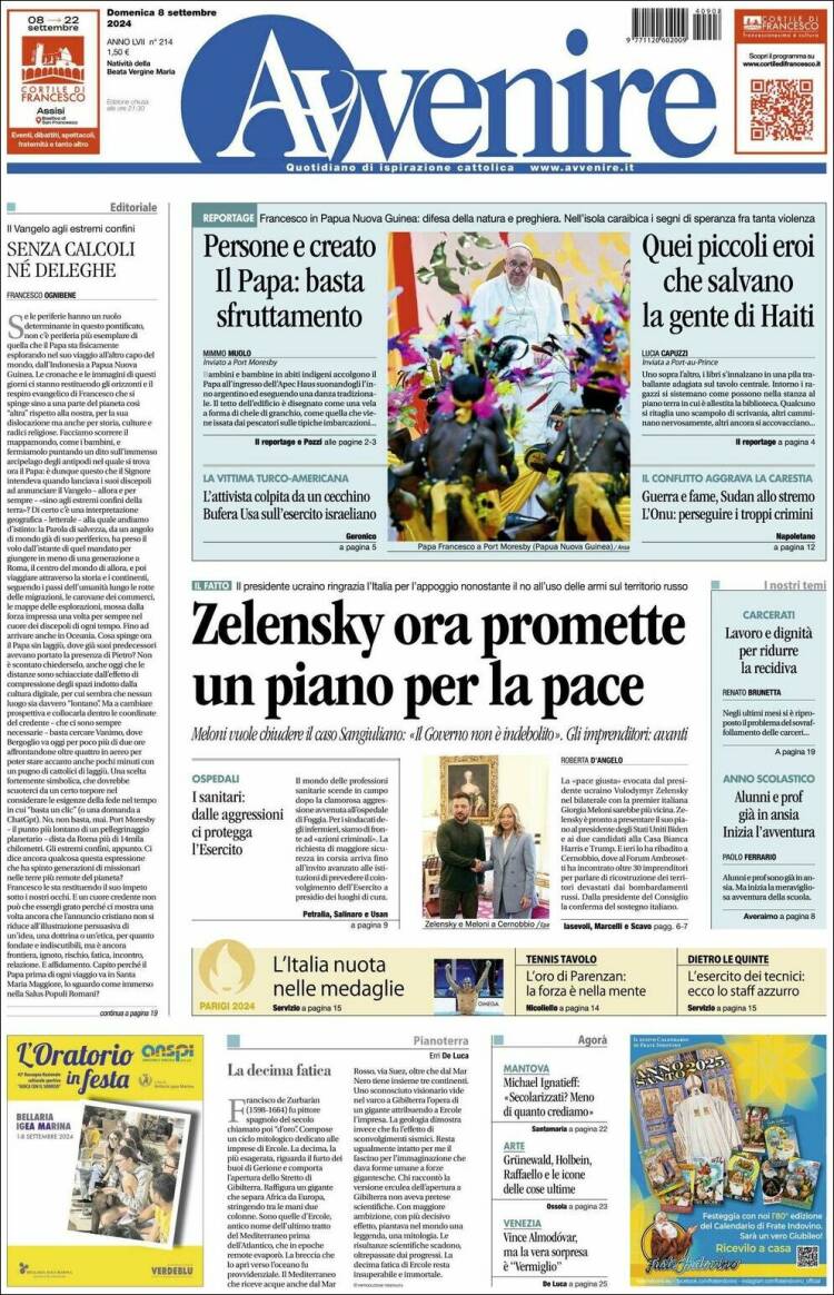 Portada de Avvenire (Italia)
