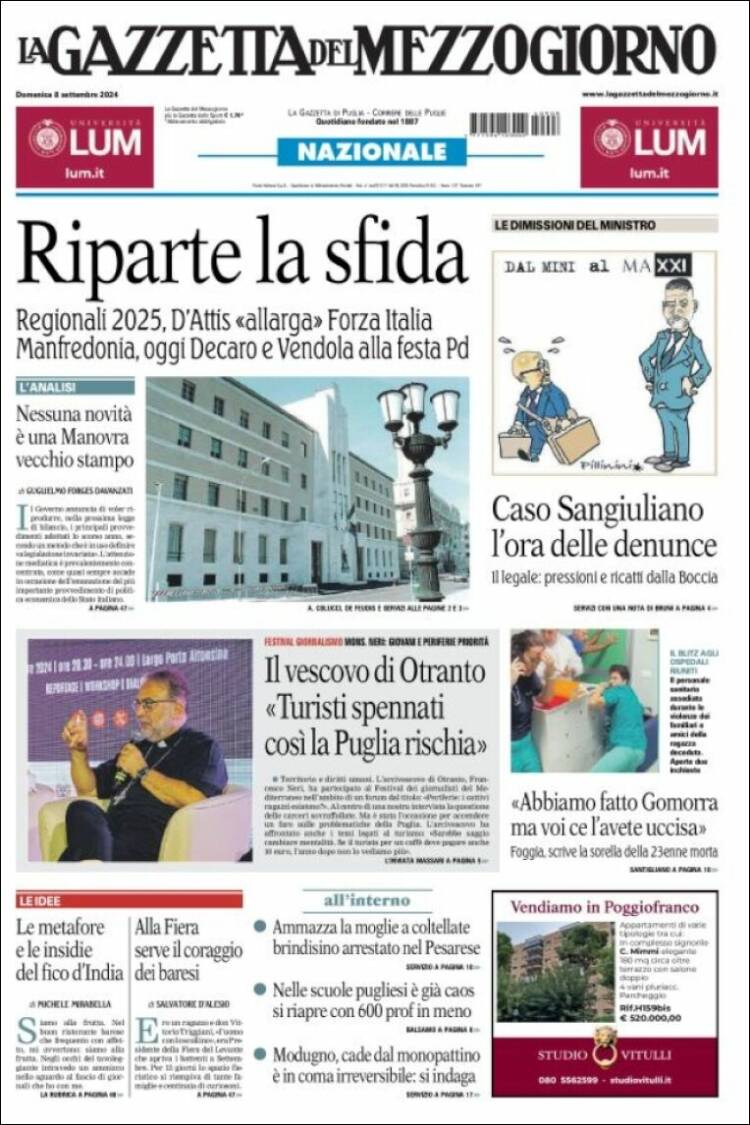 Portada de La Gazzetta del Mezzogiorno (Italia)