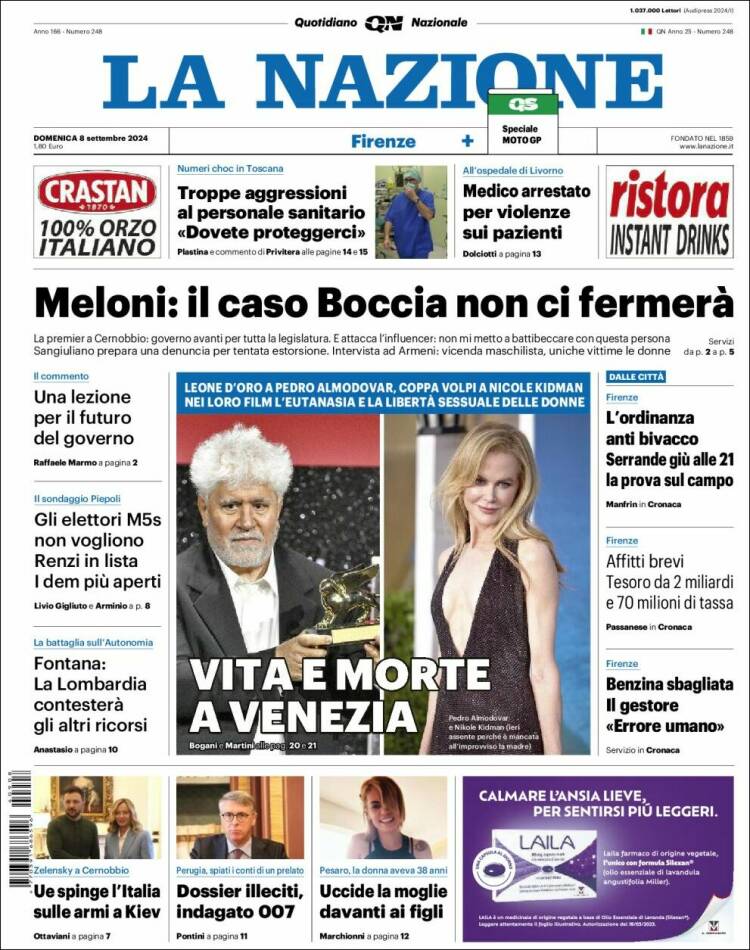 Portada de La Nazione (Italia)