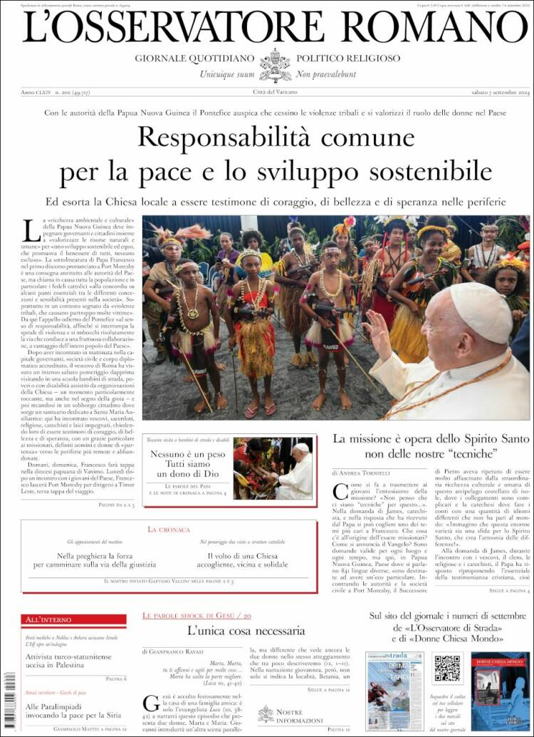 Portada de L'Osservatore Romano (Italia)