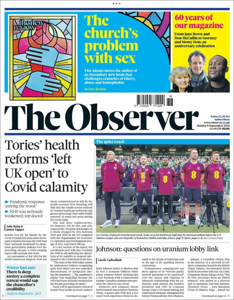 Portada de The Observer (Reino Unido)