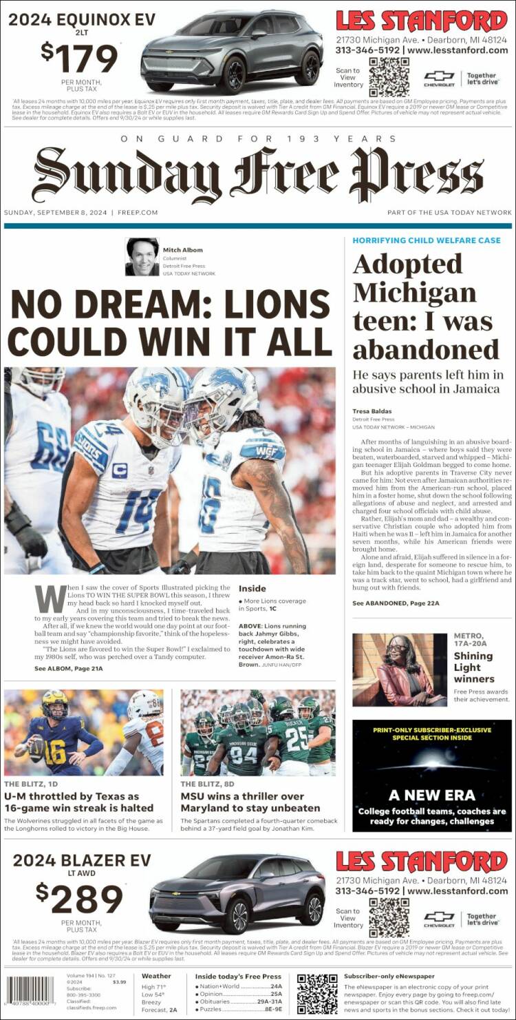 Portada de Detroit Free Press (USA)