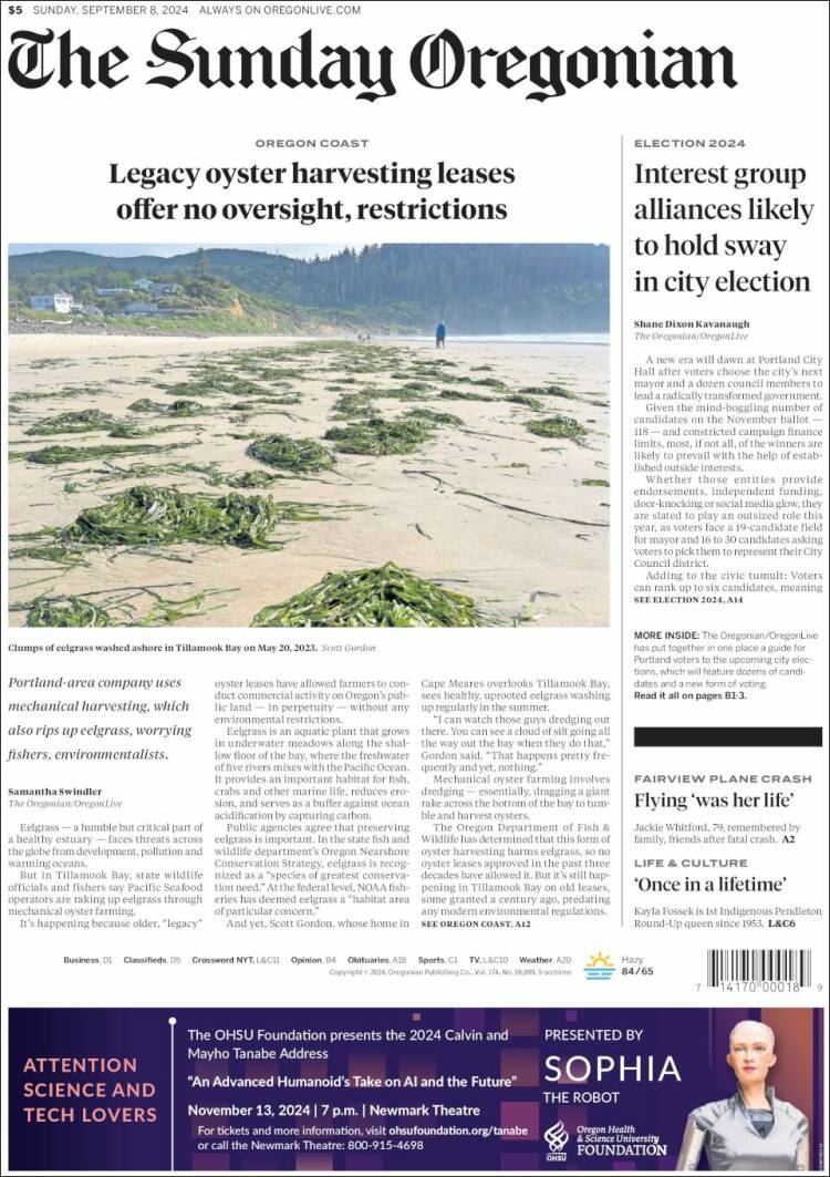 Portada de The Oregonian (USA)
