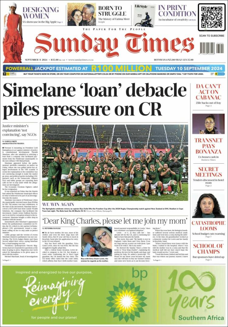 Portada de The Times (Sud&aacute;frica)