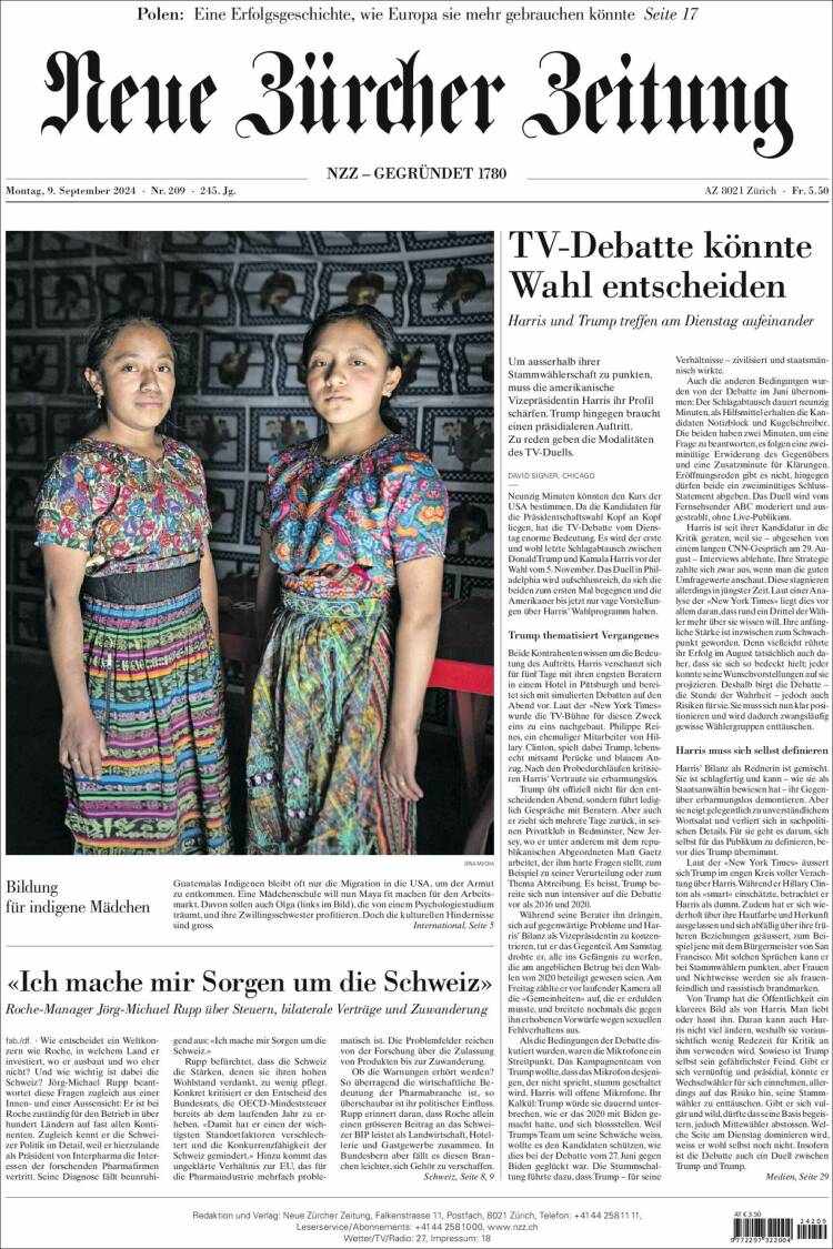 Portada de Neue Zürcher Zeitung (Suiza)