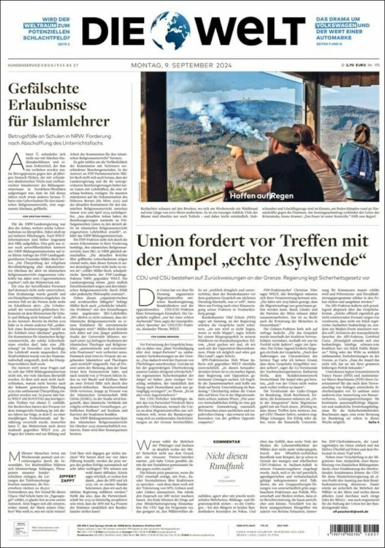 Portada de Die Welt (Alemania)
