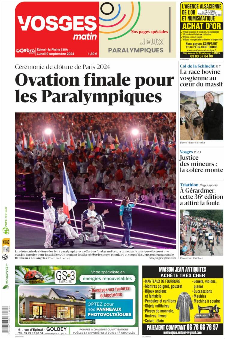Portada de Vosges Matin (Francia)