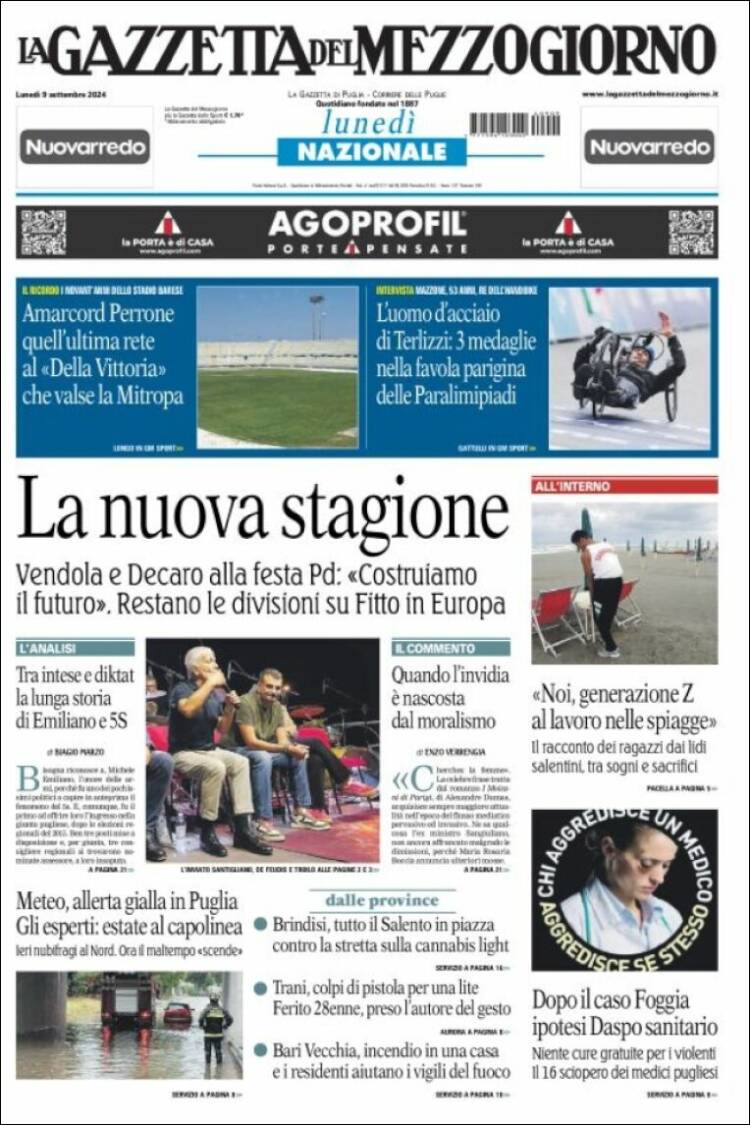 Portada de La Gazzetta del Mezzogiorno (Italia)