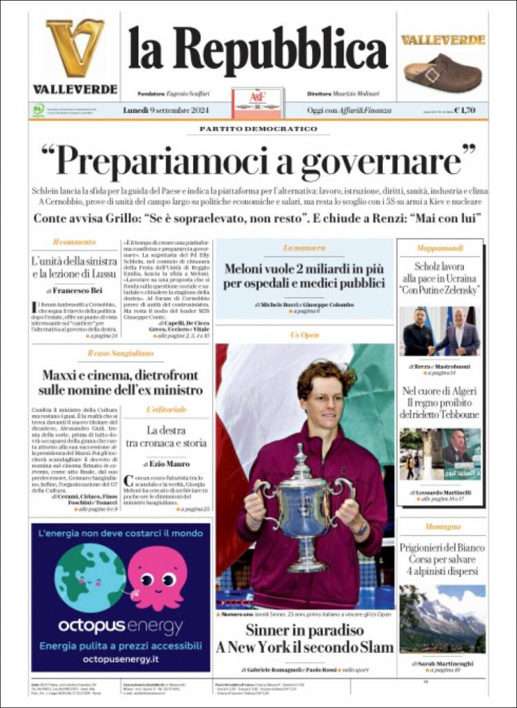 Portada de La Repubblica (Italia)