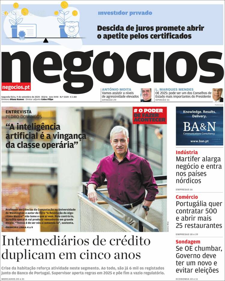 Portada de Jornal de Negócios (Portugal)