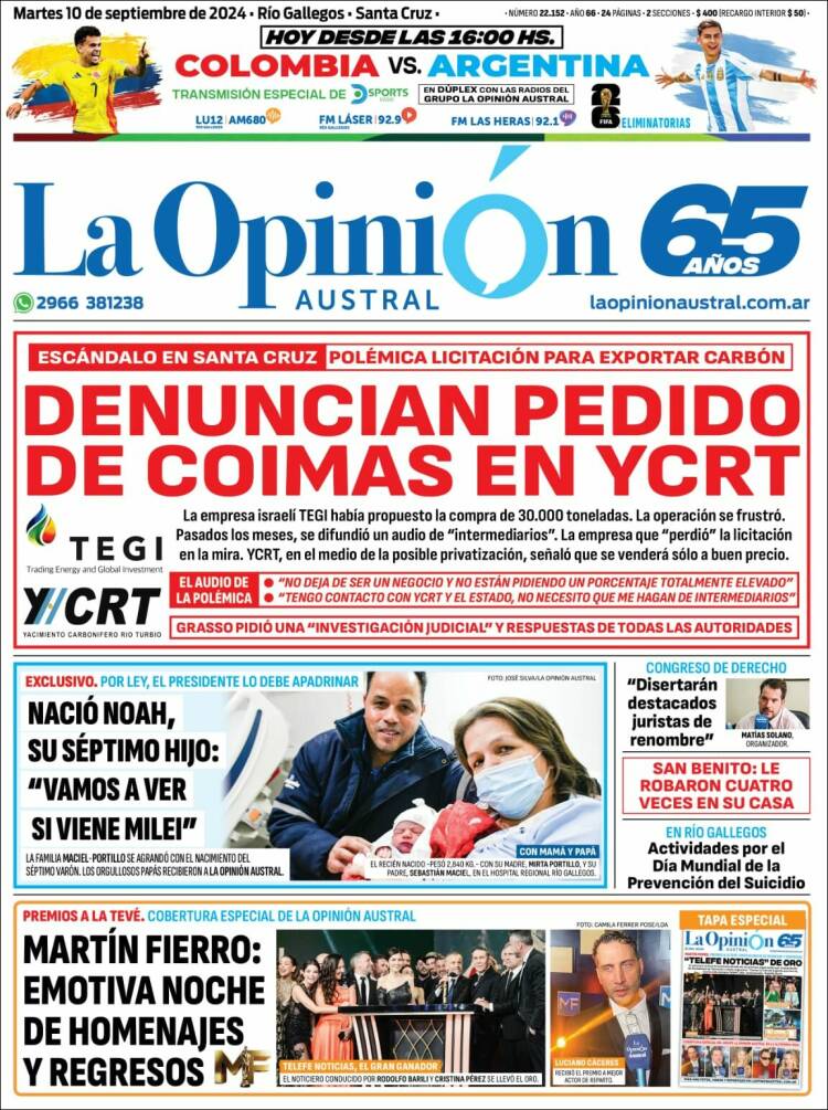 Portada de La Opinión Austral (Argentina)