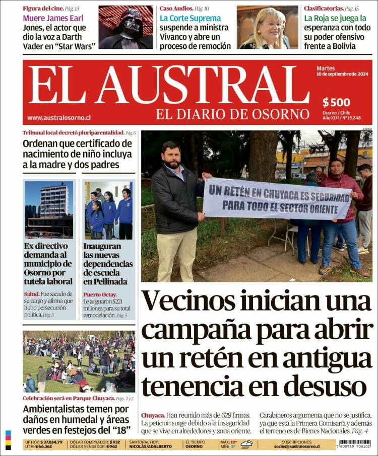 Portada de El Austral de Osorno (Chile)