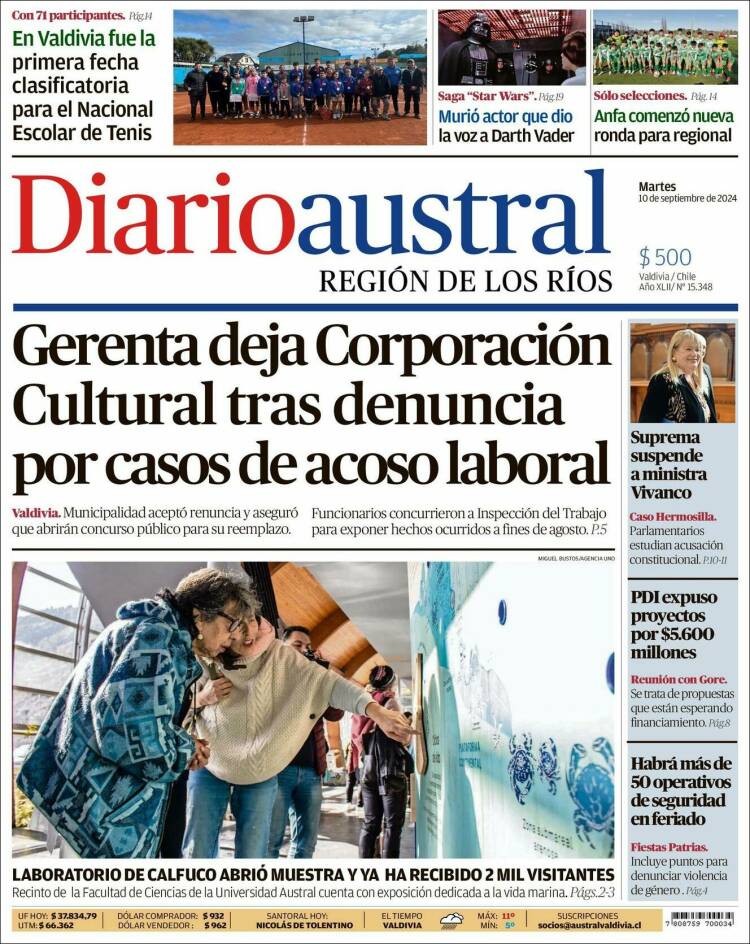 Portada de El Diario Austral de Valdivia (Chile)