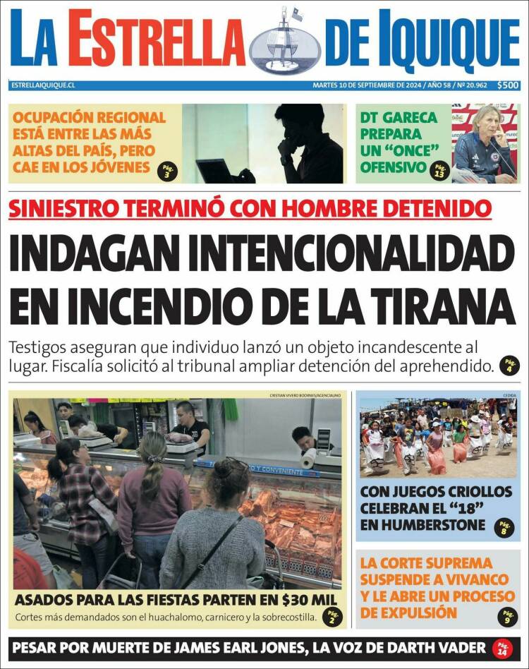 Portada de La Estrella de Iquique (Chile)