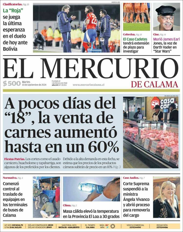 Portada de El Mercurio - Calama (Chile)