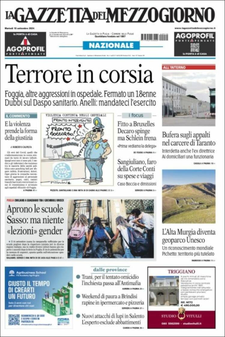 Portada de La Gazzetta del Mezzogiorno (Italia)