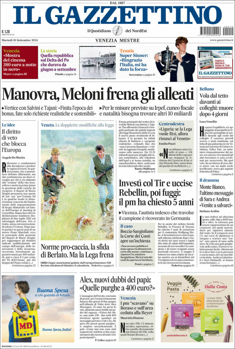 Portada de Il Gazzettino (Italia)
