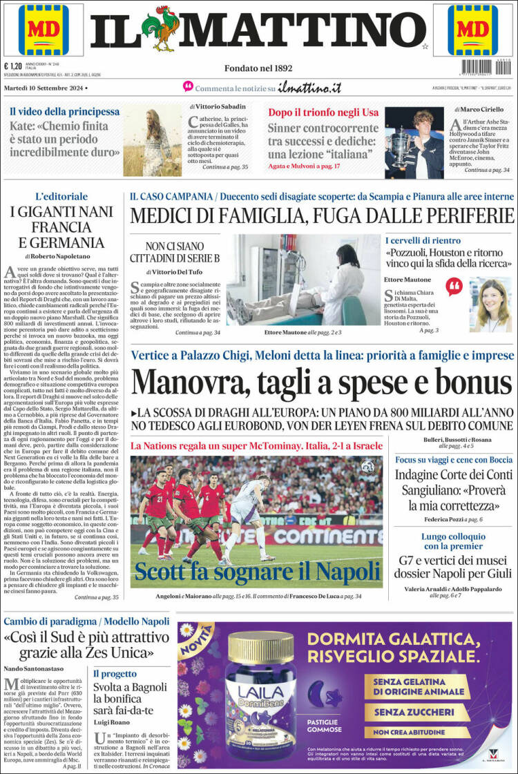 Portada de Il Mattino (Italia)