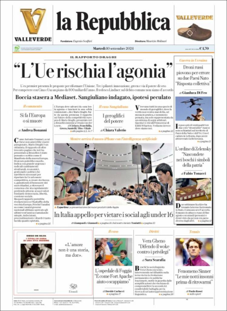 Portada de La Repubblica (Italia)