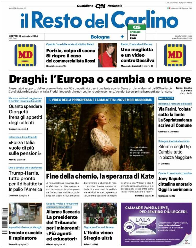 Portada de Il Resto del Carlino (Italia)