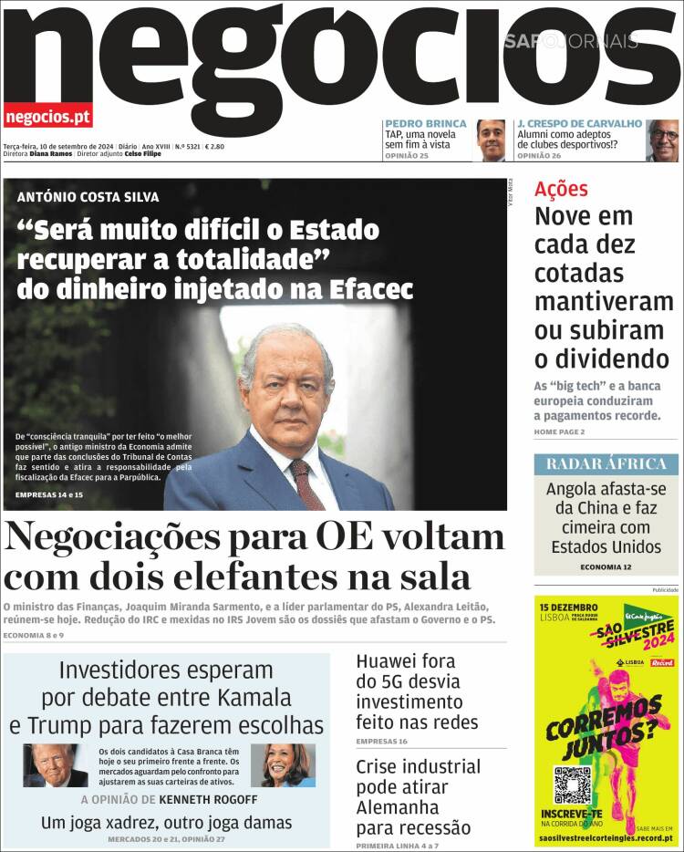 Portada de Jornal de Negócios (Portugal)