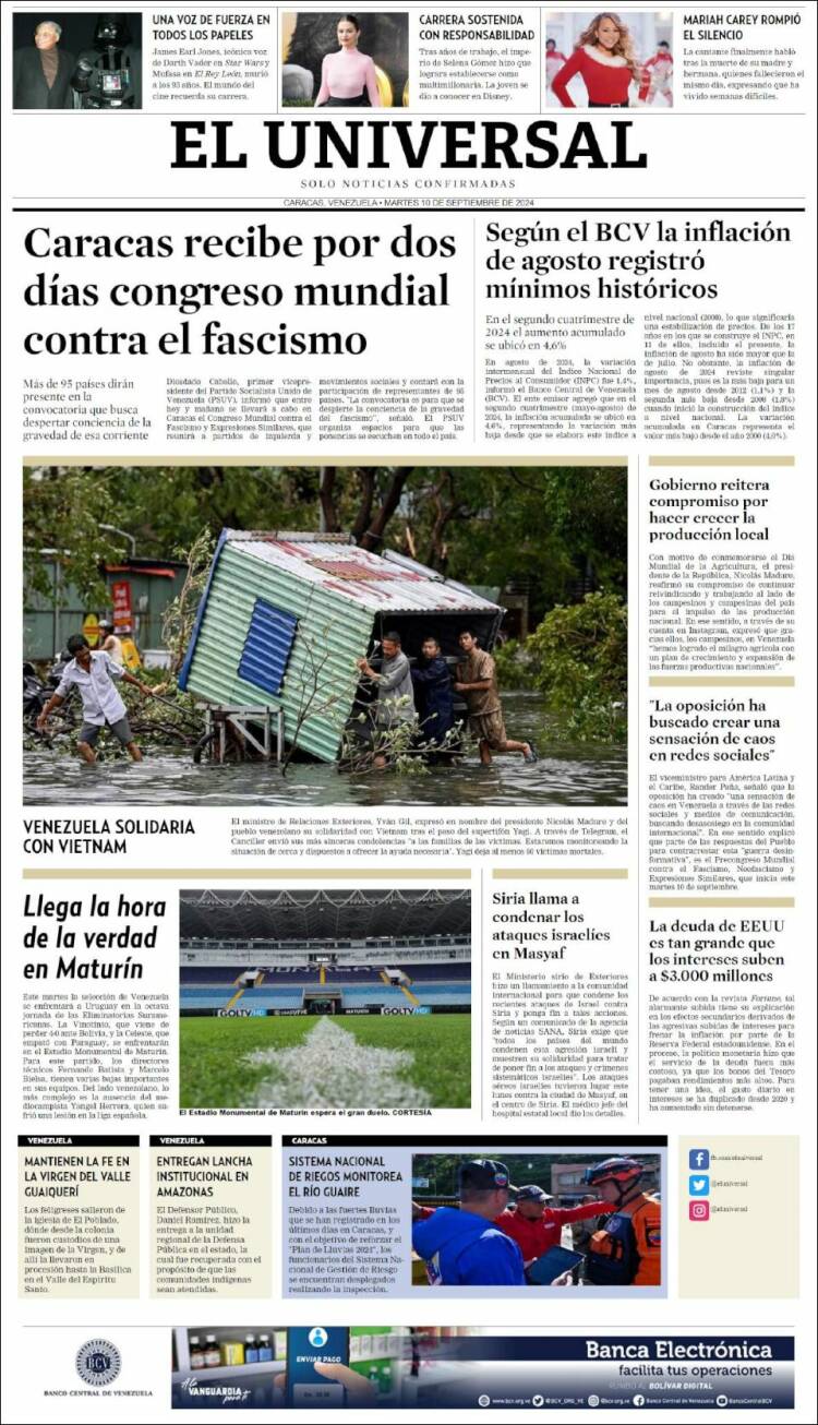 Portada de Universal (Venezuela)