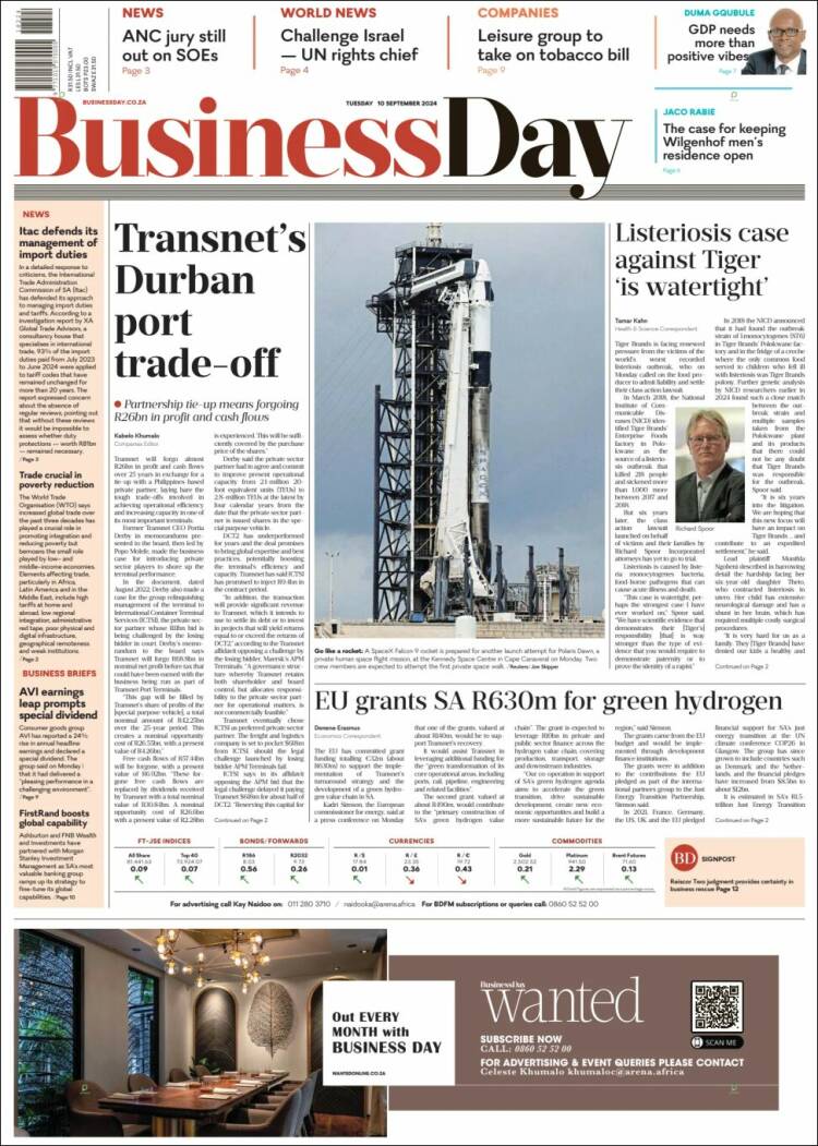 Portada de Business Day (Sud&aacute;frica)