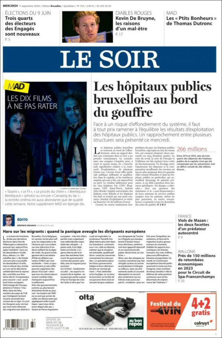 Portada de Le Soir (B&eacute;lgica)