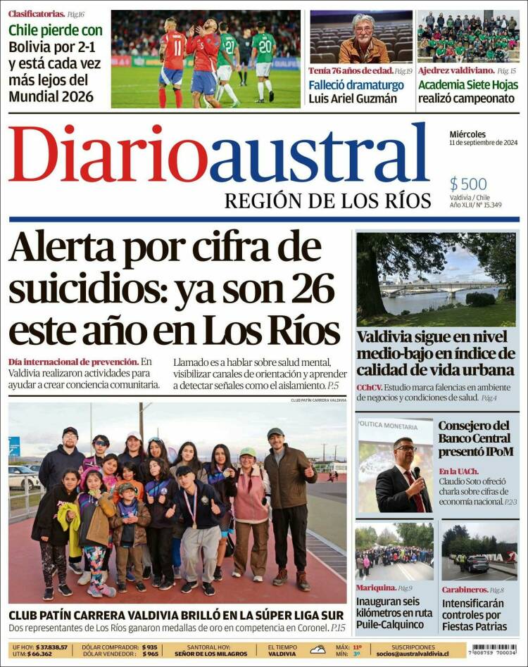 Portada de El Diario Austral de Valdivia (Chile)