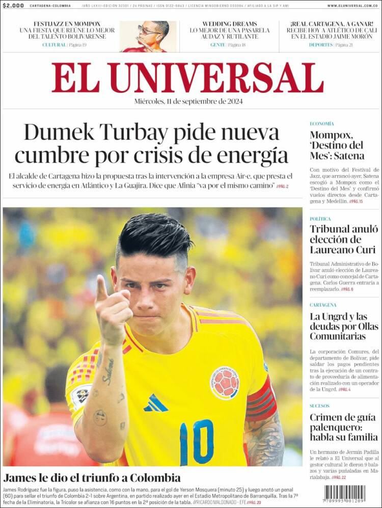 Portada de El Universal (Colombia)