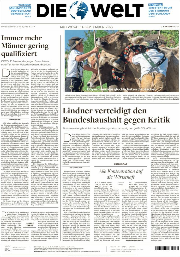 Portada de Die Welt (Alemania)