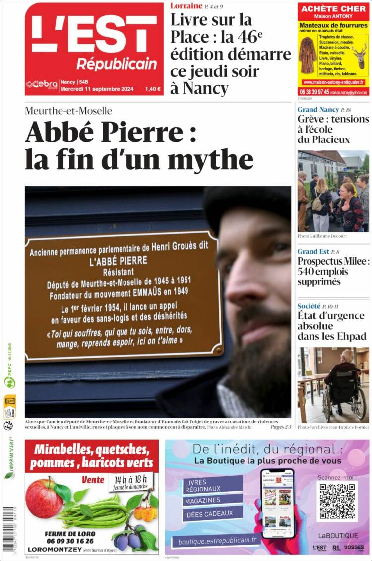 Portada de L'Est Republicain (Francia)