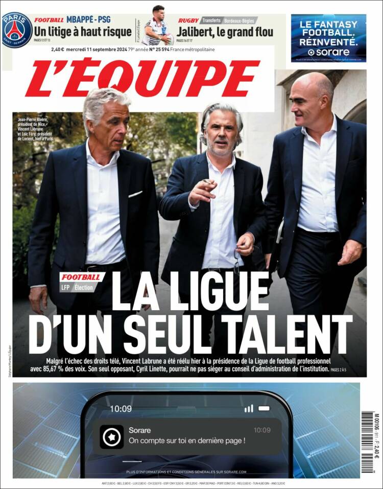 Portada de L'Equipe (Francia)