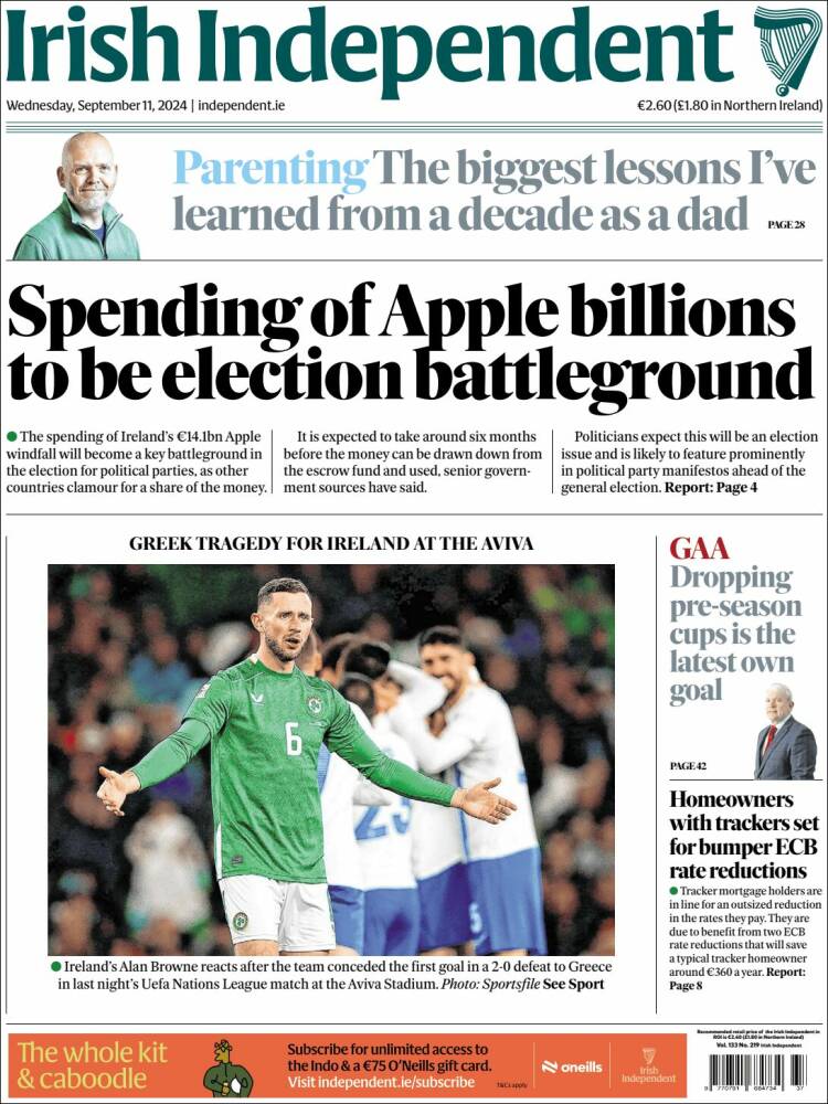 Portada de Irish Independent (Irlanda)