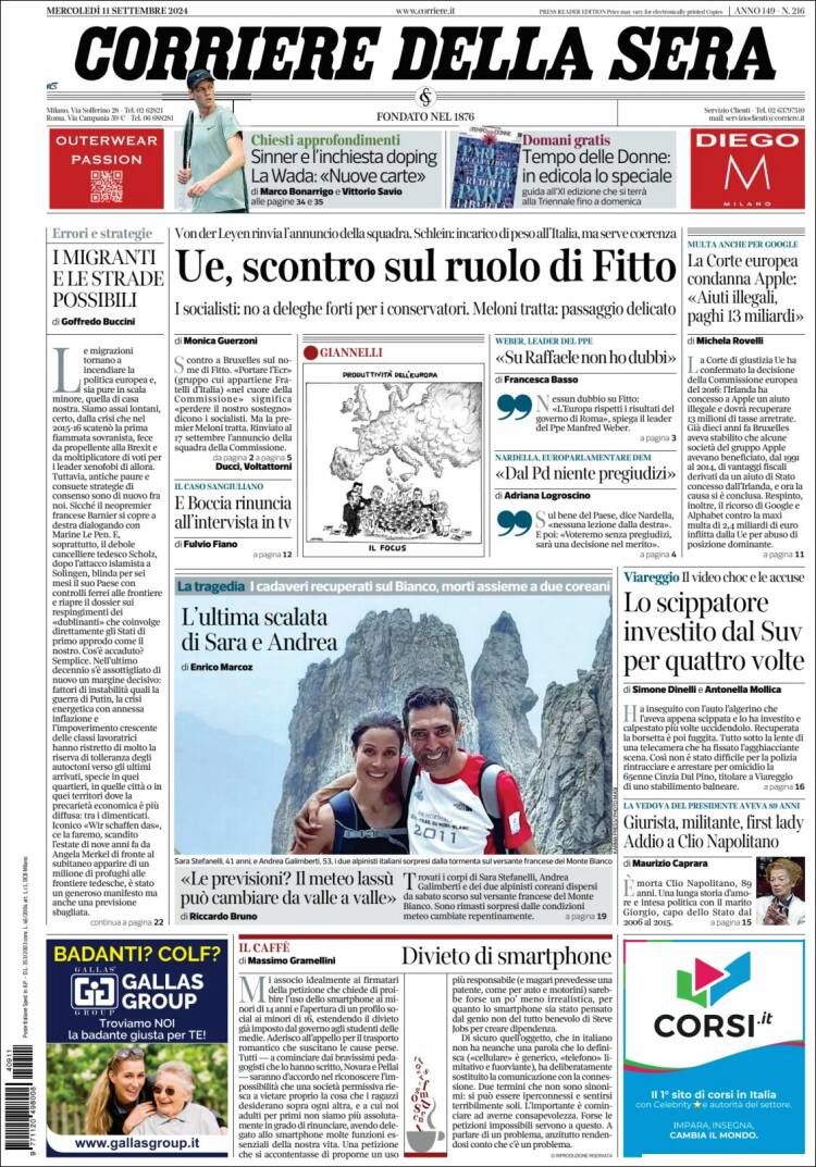 Portada de Corriere della Sera (Italia)