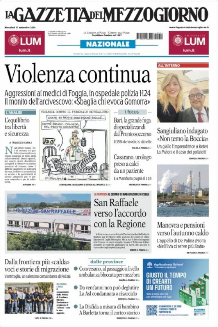 Portada de La Gazzetta del Mezzogiorno (Italia)