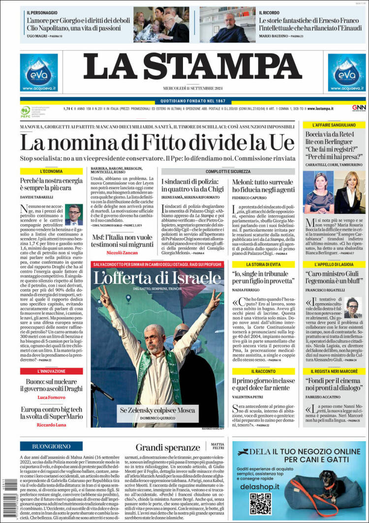 Portada de La Stampa (Italia)