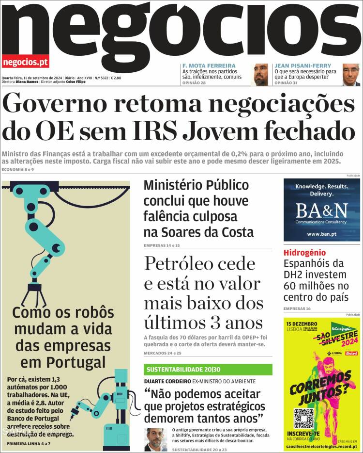 Portada de Jornal de Negócios (Portugal)