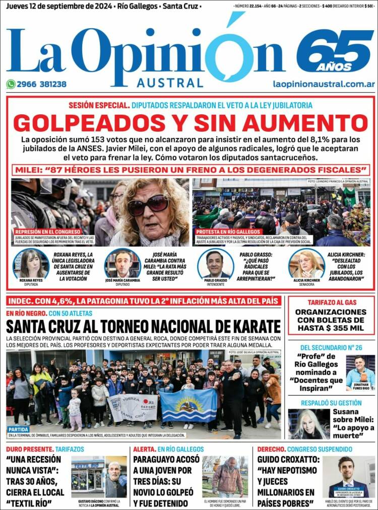 Portada de La Opinión Austral (Argentina)