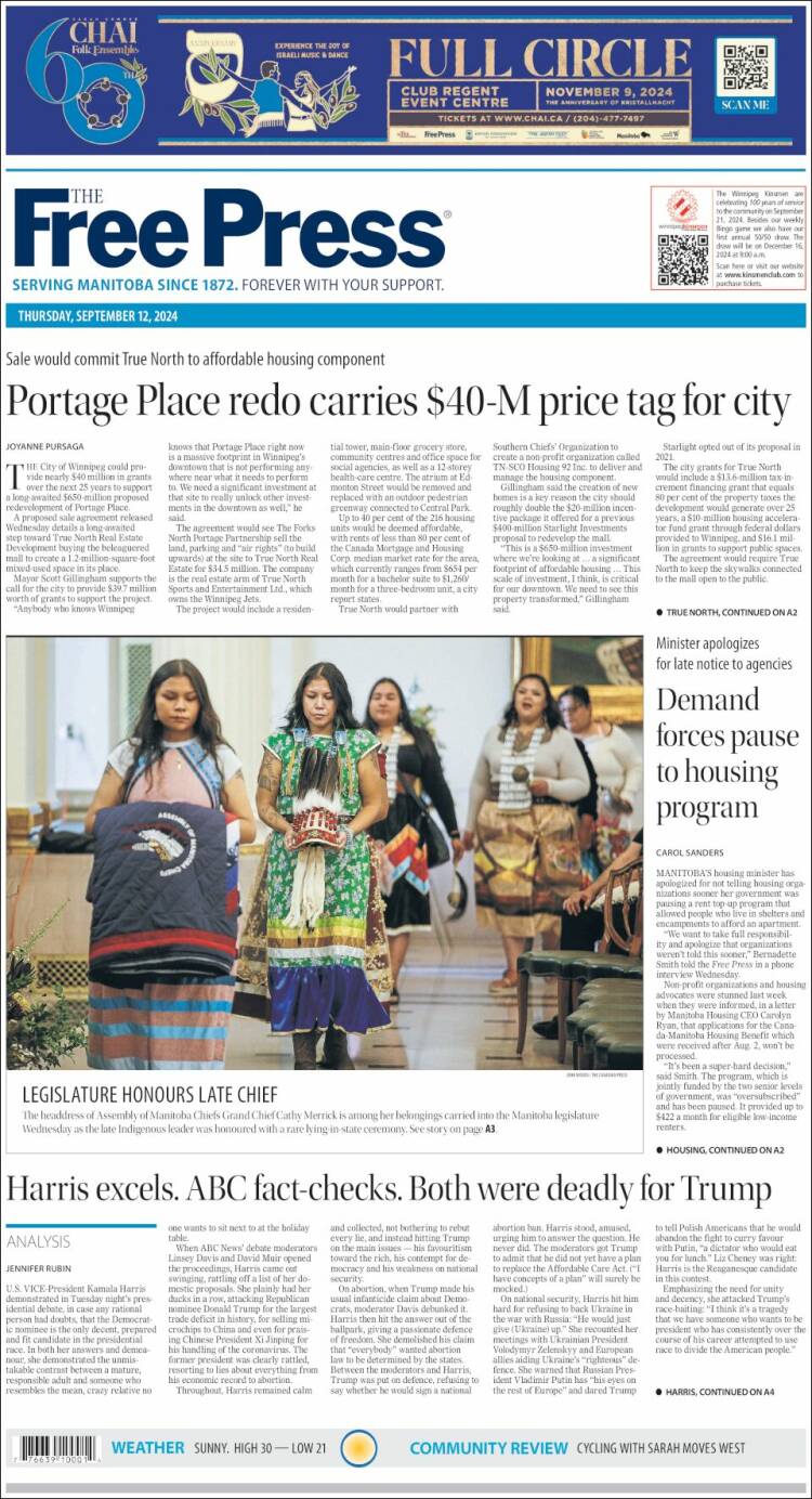 Portada de Winnipeg Free Press (Canadá)